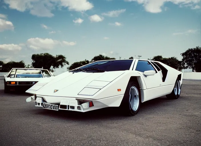 Image similar to a white lamborghini countach. palms and blue to punk sky in the background. 8 0's style. outline