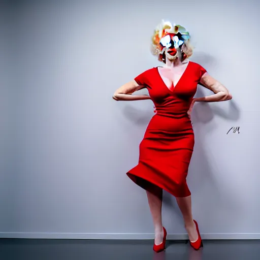 Prompt: Stunning modern studio portrait photograph of the original female model named Marilyn Monroe standing in a white room wearing a red dress, XF IQ4, f/1.4, ISO 200, 1/160s, 8K, RAW, unedited, symmetrical balance, in-frame, sharpened