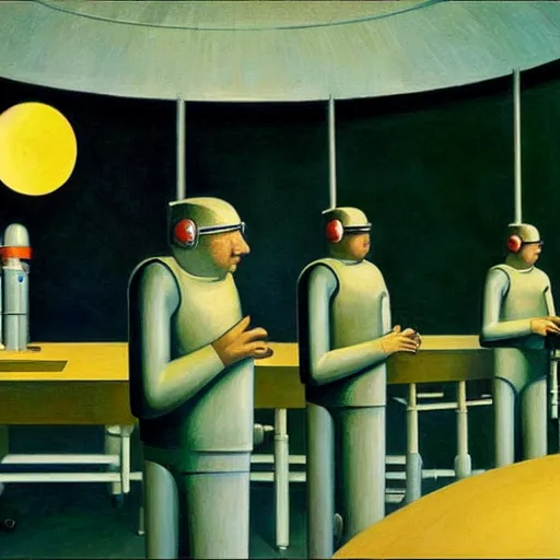 Image similar to robotic scientists in a dome - shaped control center, grant wood, pj crook, edward hopper, oil on canvas