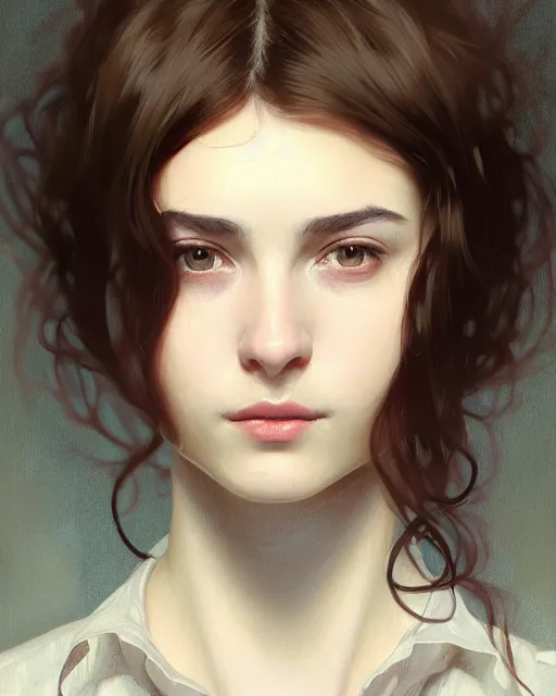 Image similar to portrait of a welsh teenage girl with brown hair, dark brown eyes, glowing skin, delicate features, quiet beauty, amelie poulain, fantasy, intricate, elegant, dress shirt, highly detailed, digital painting, artstation, concept art, smooth, sharp focus, illustration, art by Krenz Cushart and Artem Demura and alphonse mucha