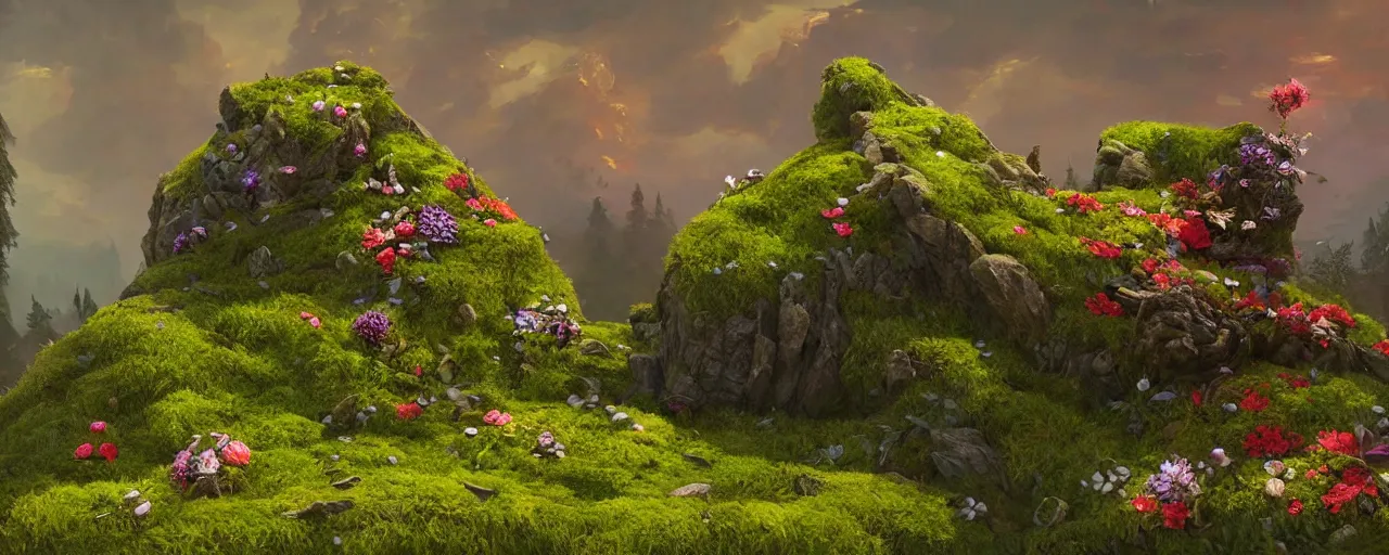 Prompt: sculpture made of flowers and moss, beautiful dynamic lighting, cinematic, wide angle establishing shot, extremely high detail, photo realistic, cinematic lighting, post processed, concept art, artstation, matte painting, style by frederic church, raphael lacoste, unreal engine 8k