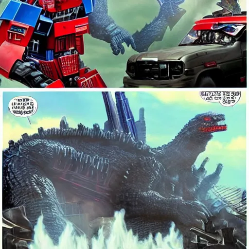 Image similar to Optimus Prime vs Godzilla