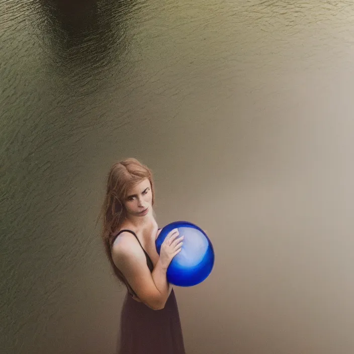 Prompt: a closeup portrait of a woman wrapped in plastic, standing next to a levitating blue sapphire orb, in a foggy pond, golden hour, dusk, color photograph, by vincent desiderio, canon eos c 3 0 0, ƒ 1. 8, 3 5 mm, 8 k, medium - format print