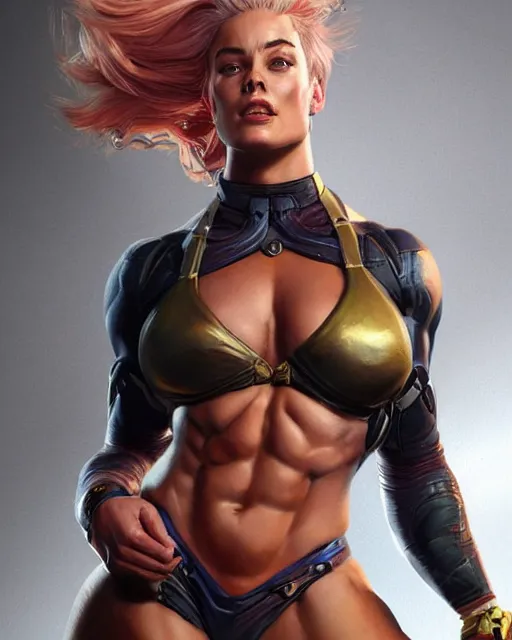 Image similar to full figure ultra realistic illustration, margot robbie as thick female bodybuilder zarya from overwatch with closed eyes, intricate, elegant, highly detailed, digital painting, artstation, concept art, smooth, sharp focus, illustration, art by artgerm and greg rutkowski and alphonse mucha