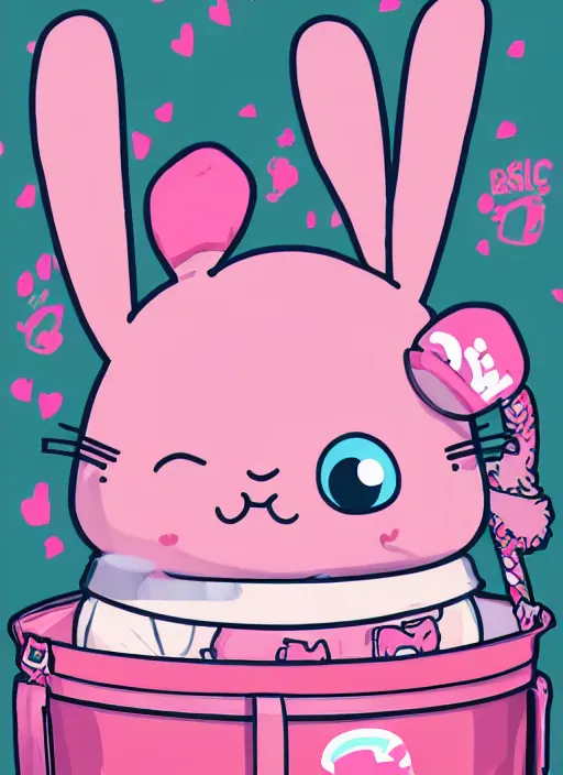 Image similar to realistic detailed semirealism anthropomorphic pink rabbit character wearing a bucket hat. Cute, kawaii, Cooky, bt21, Sanrio inspired. Rabbt_character, rabbit_bunny, 獣, iconic character splash art, Detailed fur, detailed textures, 4K high resolution quality artstyle professional artists WLOP, Aztodio, Taejune Kim, Guweiz, Pixiv, Instagram, Artstation