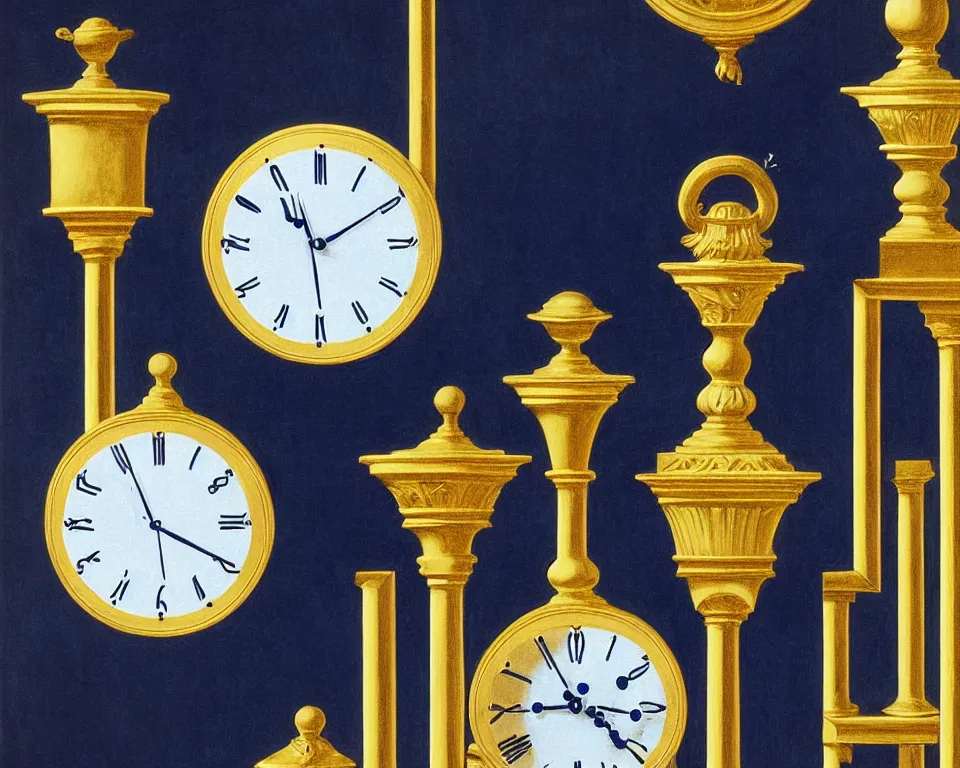 Prompt: an achingly beautiful print of gold clocks and marble corinthian capitals on a navy blue wall by Raphael, Hopper, and Rene Magritte. detailed, romantic, enchanting, trending on artstation.