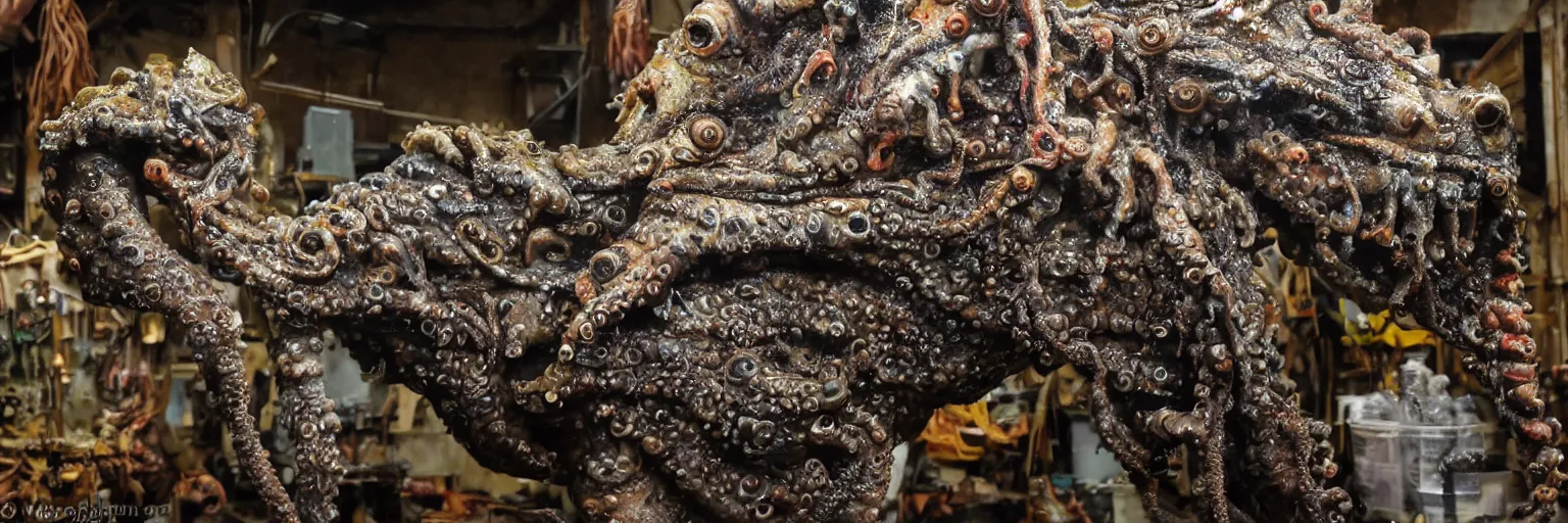 Image similar to low wide angle photo taken of an epic intricate, ultra detailed, super realistic gritty, hero prop, exquisitely painted animatronic movie prop of a wet slimy grotesque nightmarish hellish mutant cephalopod creature displayed in the workshop, created by weta workshop, full body shot, photorealistic, sharp focus