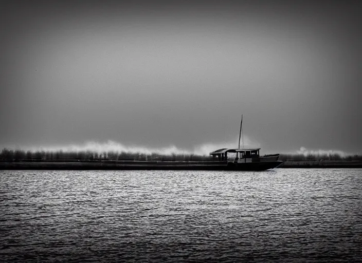 Prompt: boat, mist, lomography photo effect, monochrome, noise grain film