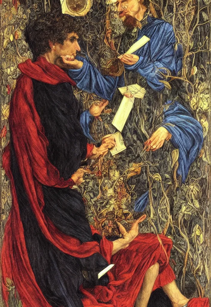 Image similar to Yoshua Bengio as the Magician on the Tarot card. Illustration by preraphaelists.