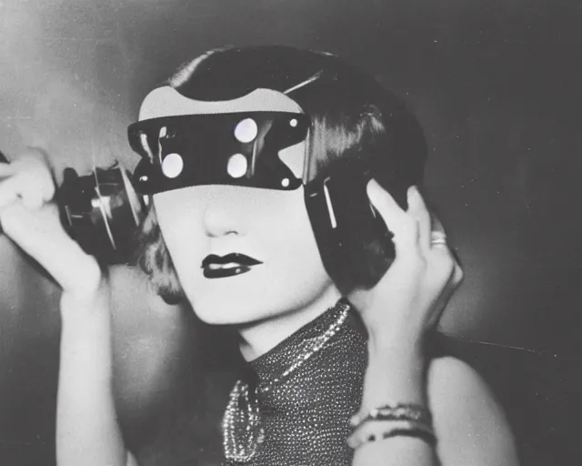 Prompt: 1 9 2 0 s photo of a flapper girl wearing a vr headset on a stage in a speakeasy