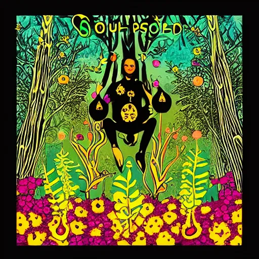 Image similar to a vintage soul album cover of a psychedelic forest surrounded by glowing flowers, symmetrical, black and gold