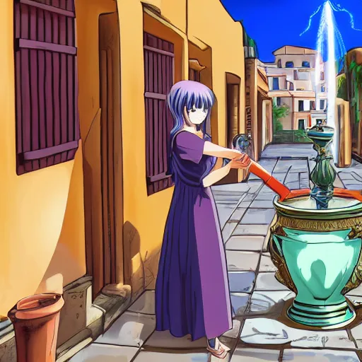 Image similar to anime girl in a greek attire pouring water out of a vase into a fountain, spanish alleyway