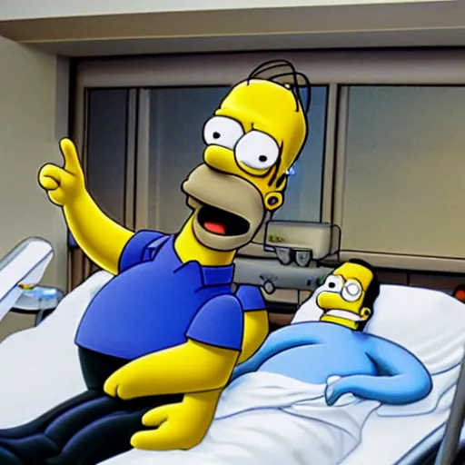 Image similar to homer simpson waving from a hospital bed