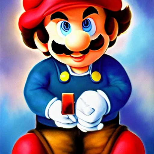 Prompt: bob ross painting a portrait of mario