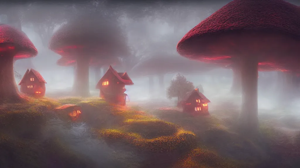 Image similar to fantasy red toadstool cottages world suspended in the air, foggy atmosphere, volumetric lighting, fantasy artwork, very beautiful scenery, hd, hdr, unreal engine 5, cinematic 4k wallpaper, 8k, ultra detailed, high resolution, artstation