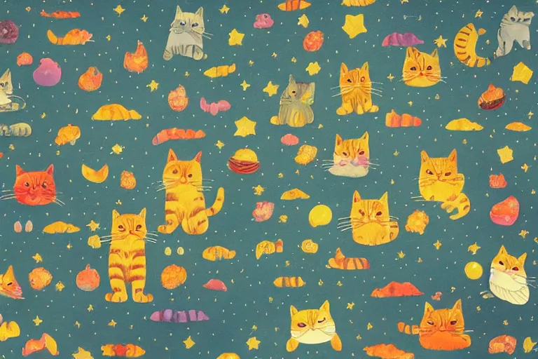 Prompt: night starry sky full of cats, style of henri rousseau and richard scarry and hiroshi yoshida