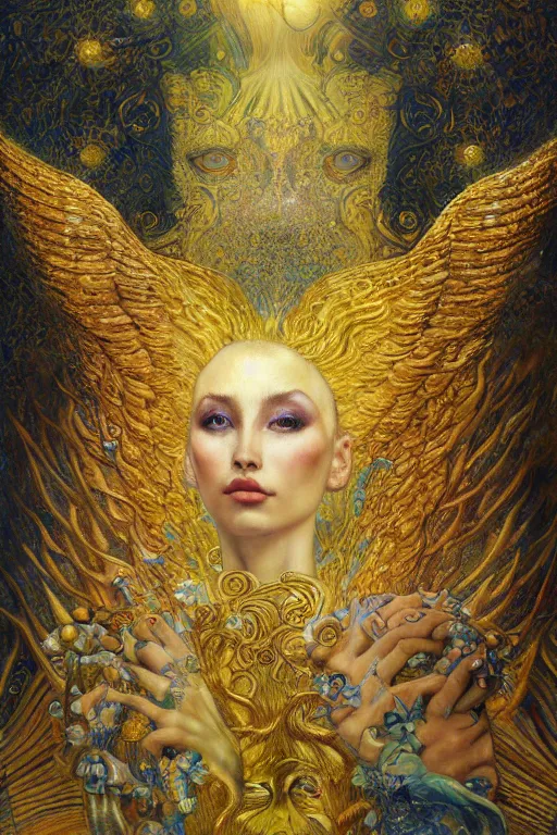 Image similar to Visions of Paradise by Karol Bak, Jean Deville, Gustav Klimt, and Vincent Van Gogh, visionary, otherworldly, radiant halo, fractal structures, infinite angelic wings, ornate gilded medieval icon, third eye, spirals, heavenly spiraling clouds with godrays, airy colors