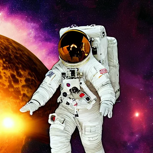 Image similar to astronaut in space, galactic background reflections on suit on one side and a yellow planet on the other side