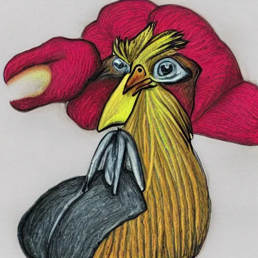 Image similar to A chicken knitting a scarf, color drawing