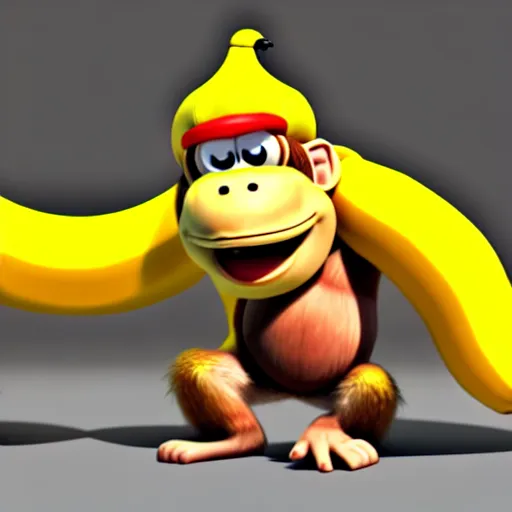 Image similar to Donkey Kong stepping on a banana. The banana is on the ground, Donkey Kong is above the banana. 3D render