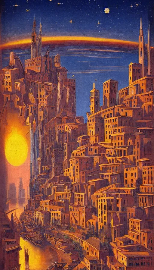 Image similar to The starlit city of wisdom and dreams at sunset, italian futurism, da vinci, Josan Gonzalez