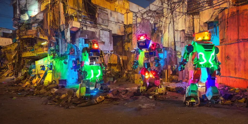 Image similar to colourful giant mecha ROBOT of AJEGUNLE SLUMS in Lagos, markings on robot, neon lit slum, night time,