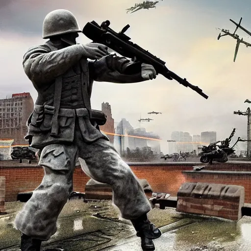 Image similar to The war between the Soviet Union and America, the action takes place in New York, far away against the background of the Statue of Liberty, a lot of soldiers and military equipment, a lot of explosions and tracer bullets, a lot of ruins, a very epic battle, The style of photography of the 80s, very detailed and detailed style
