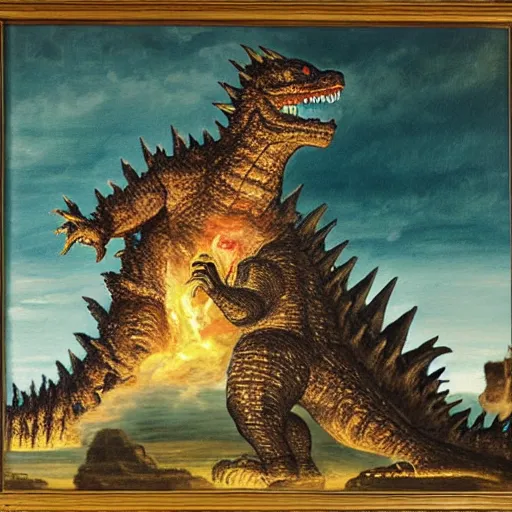 Image similar to Godzilla fighting Biden in medieval England, oil painting