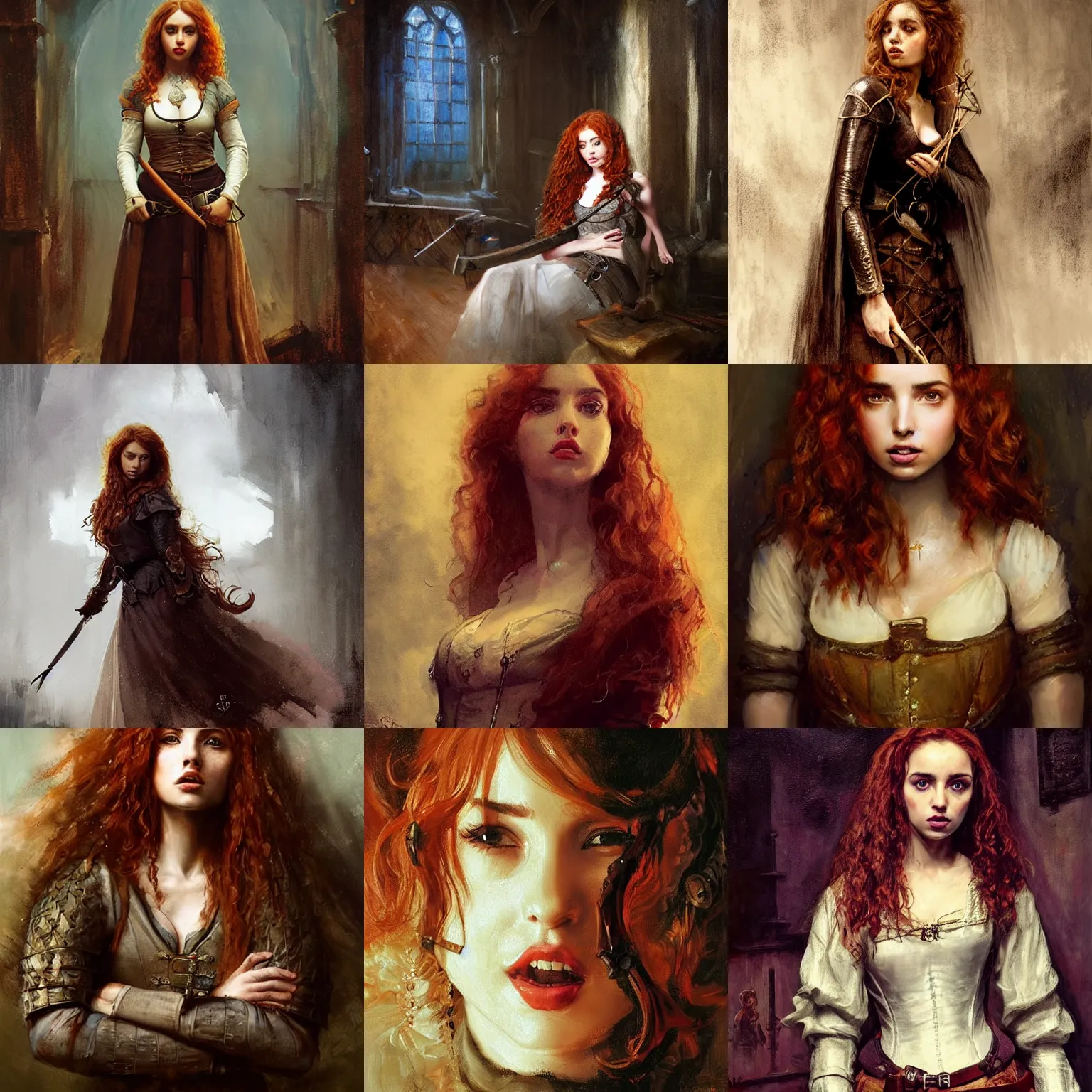 Prompt: curly redhead ana de armas portrait as a medieval bard in a dark inn. dark shadows, colorful, dim light, law contrasts, fantasy concept art by jakub rozalski, jan matejko, and j. dickenson