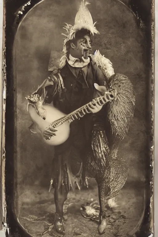 Image similar to a wet plate photo of an anthropomorphic rooster minstrel with a lute