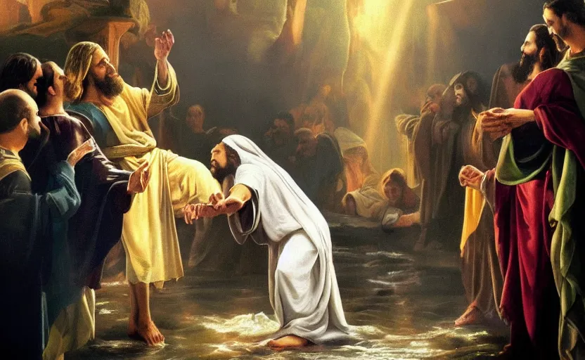 Prompt: photo of jesus christ performing miracles turning water into wine and walking on water in the year 2000