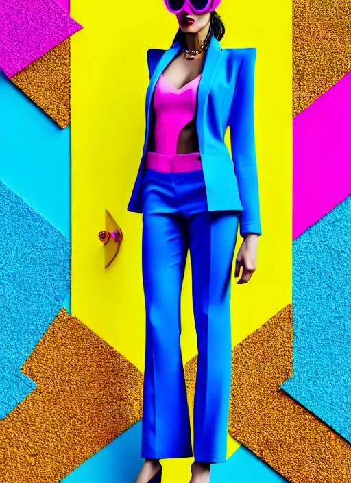 Prompt: bright trouser suit for a rave, bright colors, many details, prints, photo for a magazine, photo for a store, fashion photography, Vogue, 135 mm, cinematic, hyper realism, high detail, 8k, Two models in the frame,sun glasses, dynamic pose,Smooth skin, perfect face, people