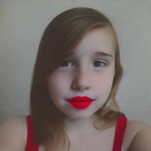 Image similar to 1 0 year old boy with big red lips, pink face, thin eyebrows, puffy cheeks, low quality, selfie