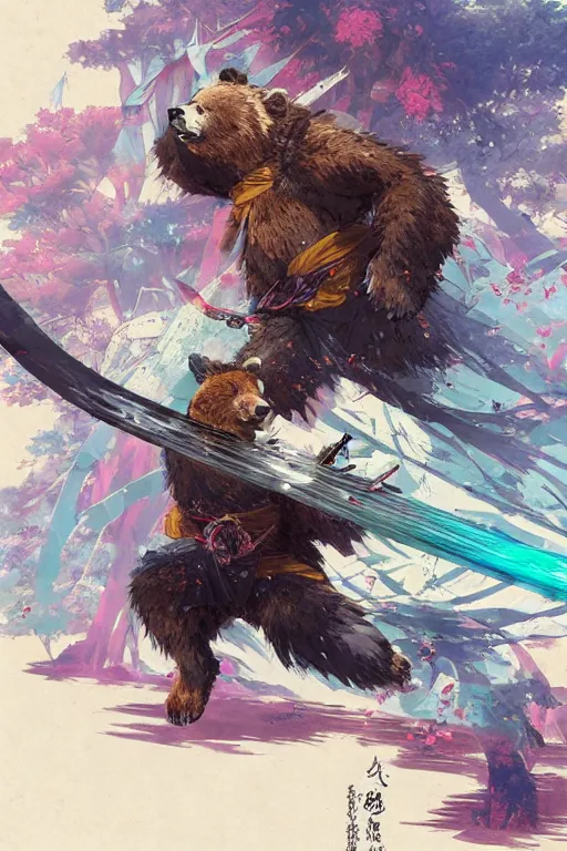 Image similar to key anime visuals rendering of a bear dressed as a ninja fighting with a katana. colorful design. higly detailed, intricate, greg rutkowski, directed by makoto shinkai, anime manga style, trending on art station.