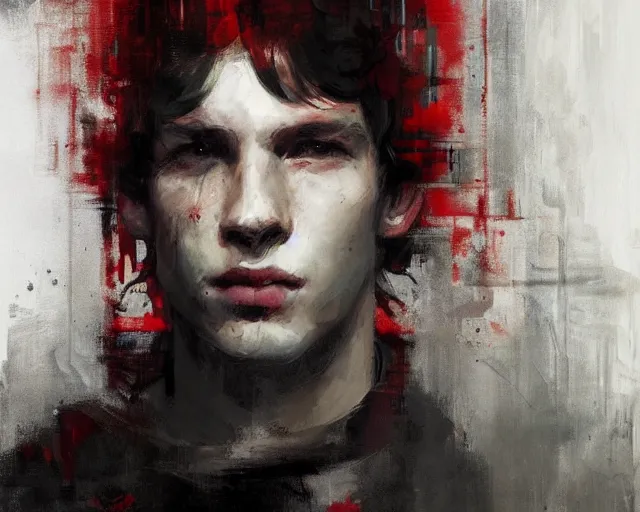 Prompt: portrait of young jacen solo caedus in shades of grey but with red and green by jeremy mann