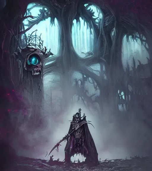 Image similar to gothic necrolord female with zombie servents, digital painting, liminal eerie midnight backlit, a picture taken by Michael Komarck and Daniel Ljunggren