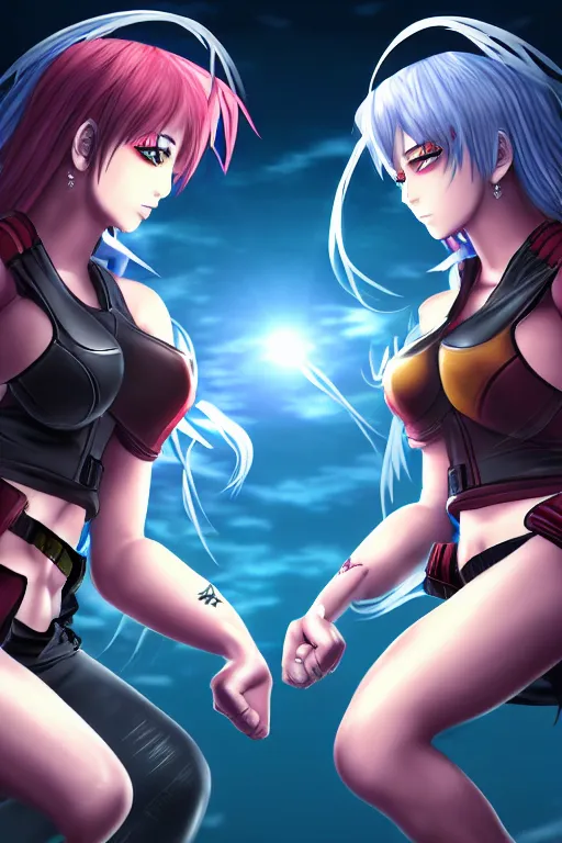 Image similar to two beautiful identical female fighters facing each other, dim lighting, gorgeous features, high resolution, detailed digital anime art