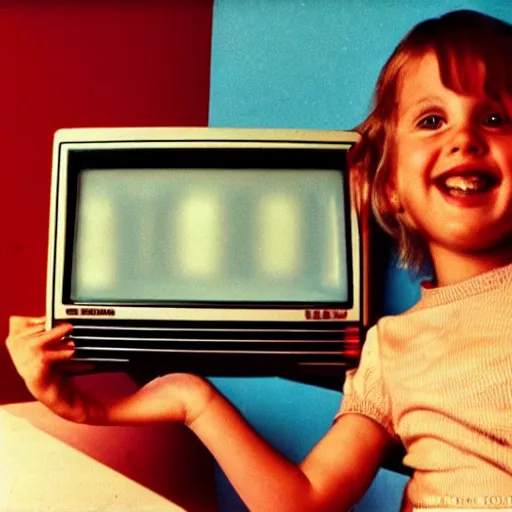 Prompt: analog tv screen in 1980\'s classic kids room with lights off, flash image, shot on webcam