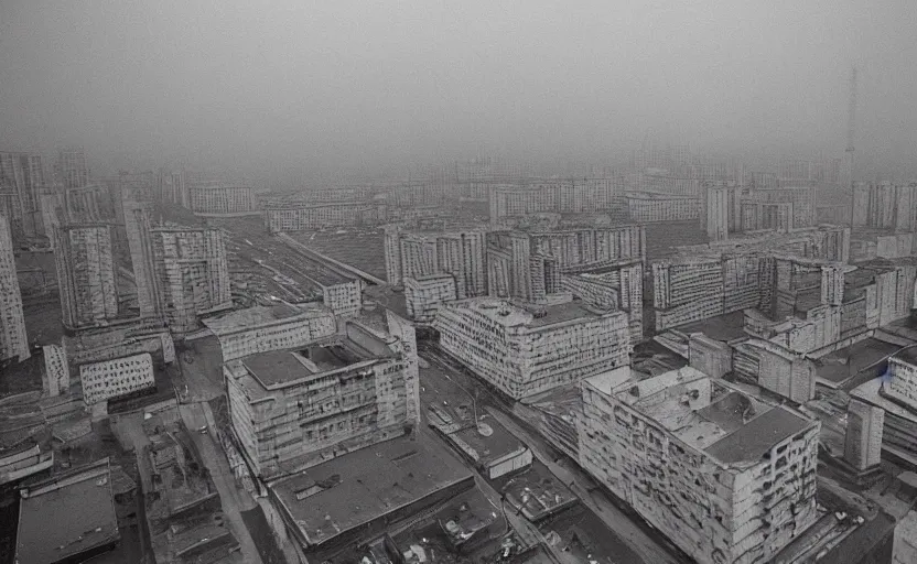 Image similar to 80s historic footage of a soviet city with soviet high rise and pedestrians, aerial photo night vision, Cinestill 800t 18mm, heavy grainy picture, very detailed, high quality, 4k panoramic, billboards and streetlight at night, rain, mud, foggy