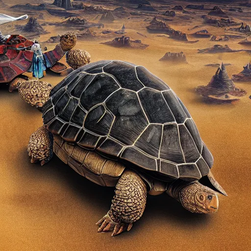 Image similar to gargantuan tortoise with a large fantasy castle armor walking through a sandy wasteland, distant shot centered birds eye view, fantasy, hyper detailed, 4 k, howls moving castle, mortal engines