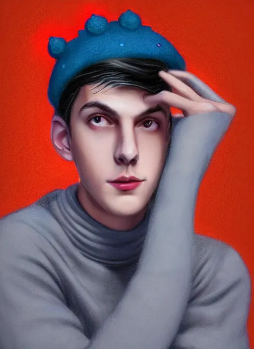 Image similar to portrait of teenage jughead jones wearing a light grey crown, crown, blue turtleneck, 1 9 5 0 s, closed eyes, photorealistic, black hair, glowing lighting, intricate, elegant, glowing lights, highly detailed, digital painting, artstation, concept art, smooth, sharp focus, illustration, art by wlop, mars ravelo and greg rutkowski