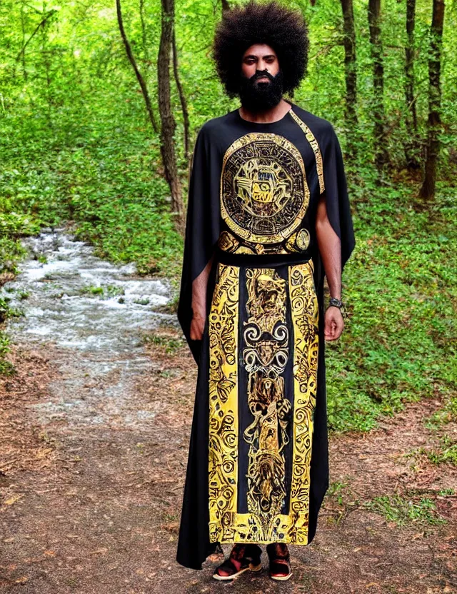 Prompt: full body shot longshot modern intricate textile ancient roman toga cloak black skin beard afro walking along the small creek in the woods versace colorful black gold detailed design