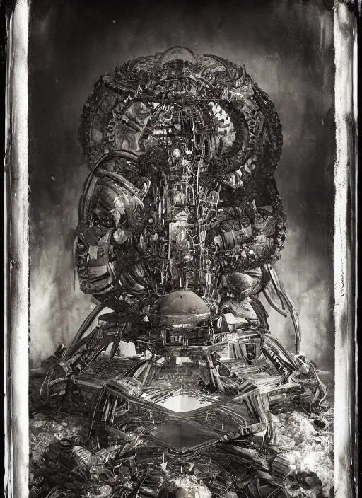 Image similar to old wetplate daguerreotype birth of a futuristic cyborg in times of eternal summoning, fractal, intricate, elegant, highly detailed, parallax, leica, medium format, subsurface scattering, by jheronimus bosch and greg rutkowski and louis jacques mande daguerre