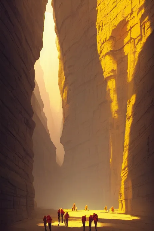 Image similar to monks and ancient temple glowing yellow, narrow canyon, light streaks in the sky, dramatic lighting, artstation, matte painting, ralph mcquarrie, simon stalenhag