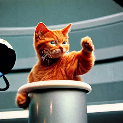 Prompt: 1 9 9 0's color photo of angry ginger cat in spacesuit giving public speech
