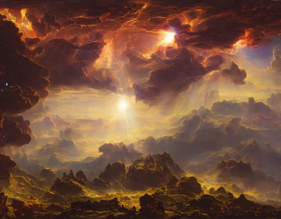 Image similar to epic galactic battle over an alien planet, concept art by albert biertadt, thomas cole, frederic edwin church, hudson river school, majestic, awe - inspiring, breathtaking