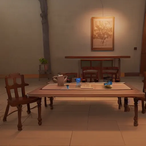 Prompt: a big server on a table and 4 chairs, ghibli, unreal 5, daz, hyperrealistic, octane render, rpg portrait, dynamic lighting