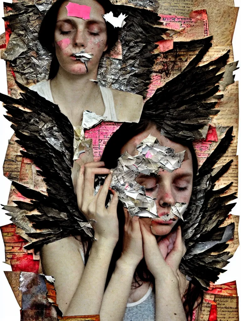 Prompt: a young adult angelgirl face obscured by smoke and ratty feathered angel wings, stressed and burnt out, collage effect, collaged, torn paper, torn paper collage, overexposure, overexposed, high exposure