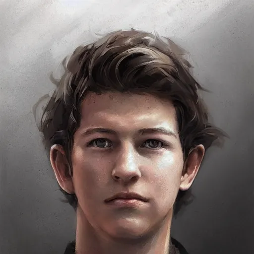 Image similar to portrait of a man by greg rutkowski, he looks like tye sheridan, he is about 2 0 years old, messy brown hair, tired eyes, he is wearing a black and white keblar superhero gear, highly detailed portrait, digital painting, artstation, concept art, smooth, sharp foccus ilustration, artstation hq