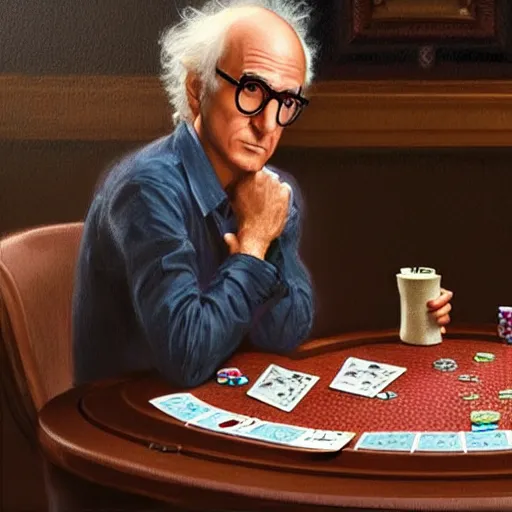 Image similar to larry david playing poker with woody allen, elegant, intricate, digital painting, artstation, concept art, smooth, sharp focus, illustration, art by artgerm and greg rutkowski and alphonse mucha